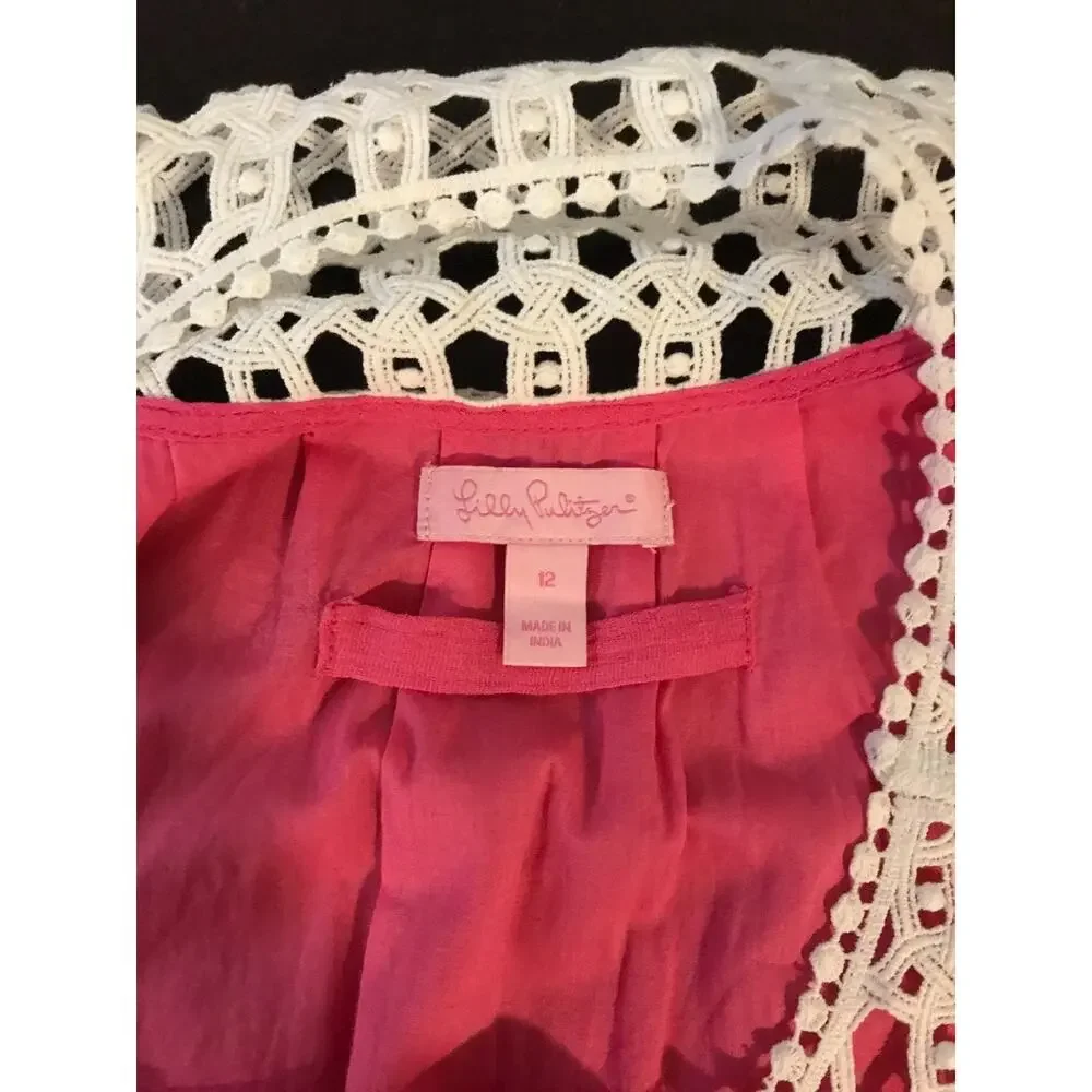 Lilly Pulitzer Sydney Crinkle Dress Daquiri Pink Crochet Neck Size 12 - Picture 8 of 13